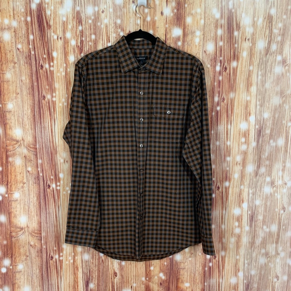 Van Heusen Mens Long Sleeve Button Down Shirt Size Medium Brown Checked